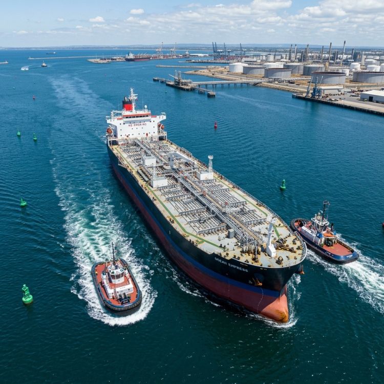 Commercial cargo vessel navigating port channel in bright sunny waters
